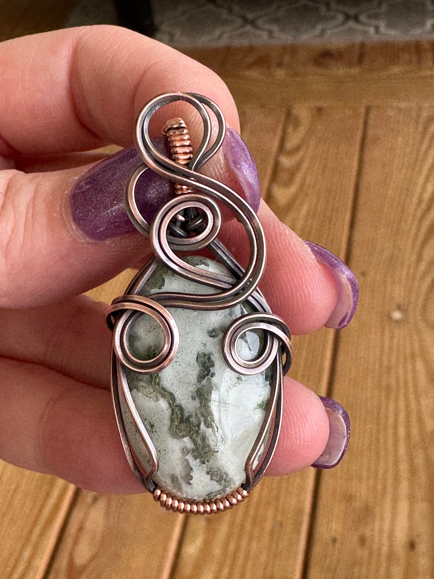 Green Moss Agate-Oxidized Copper Pendant