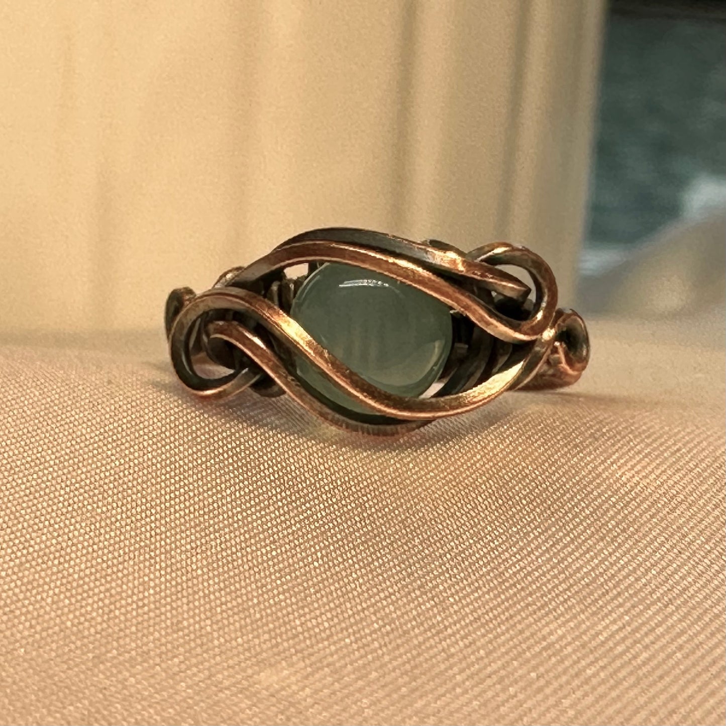 Copper Swirl Ring with Blue Chalcedony--Size 7