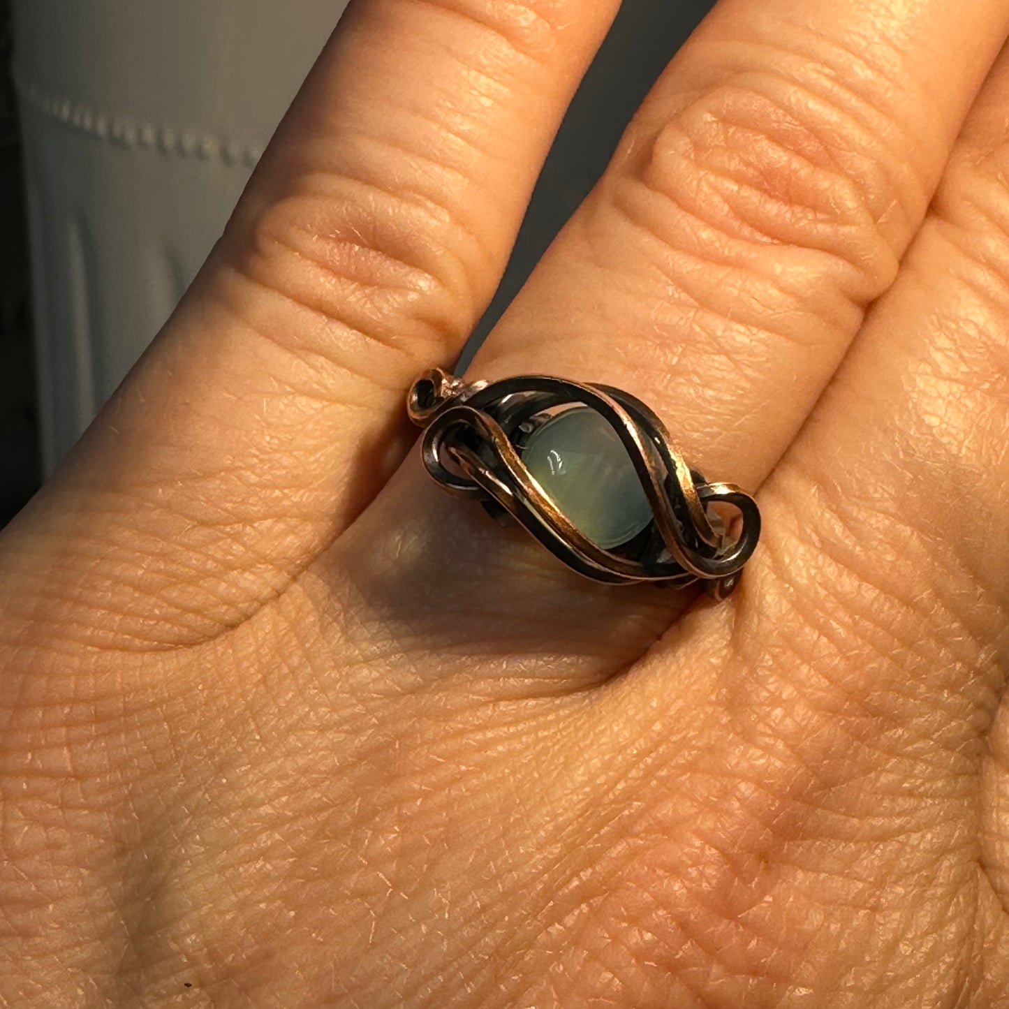 Copper Swirl Ring with Blue Chalcedony--Size 7