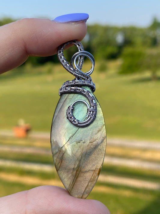 Drilled Labradorite Wire Weave Pendant