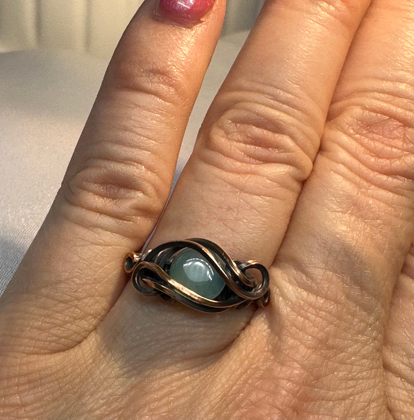 Copper Swirl Ring with Blue Chalcedony--Size 7