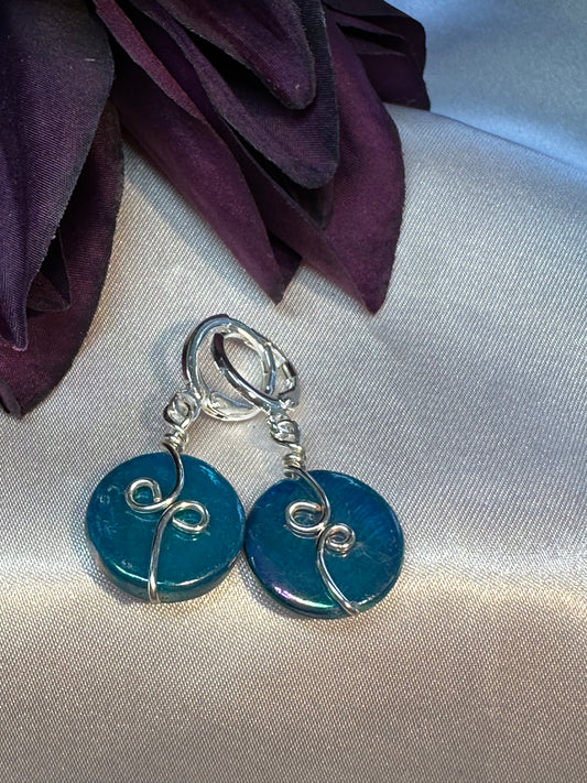 Teal iridescent dangle earrings-silver