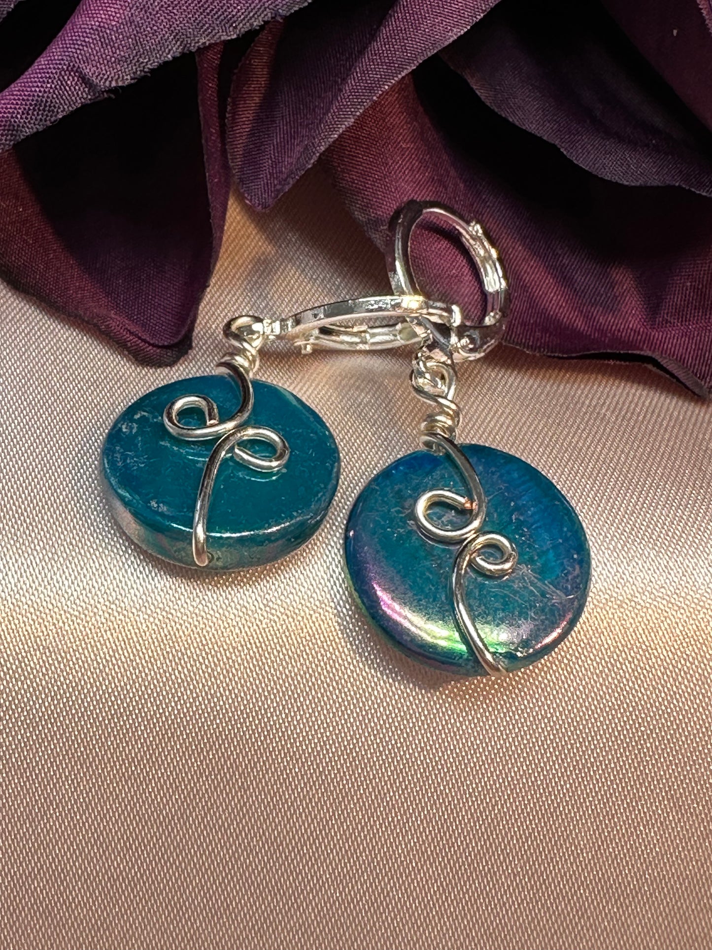 Teal iridescent dangle earrings-silver