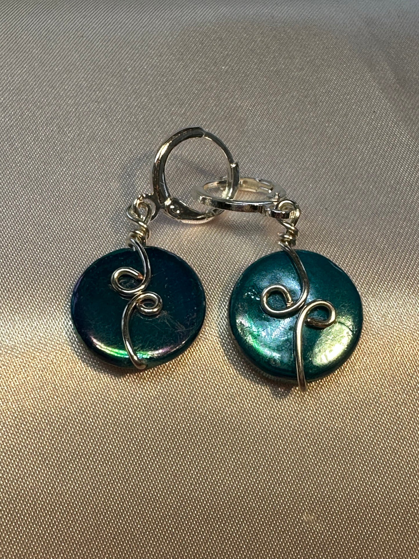 Teal iridescent dangle earrings-silver