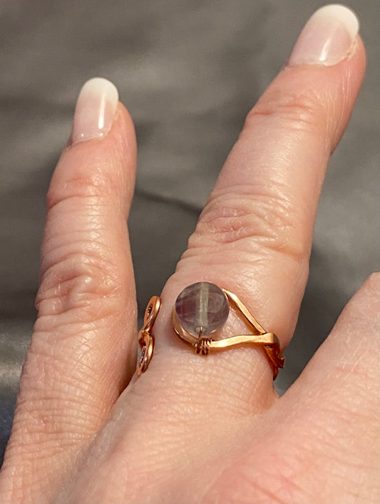 Twisted Bare Copper Ring-Adjustable with Green Fluorite-size 4+