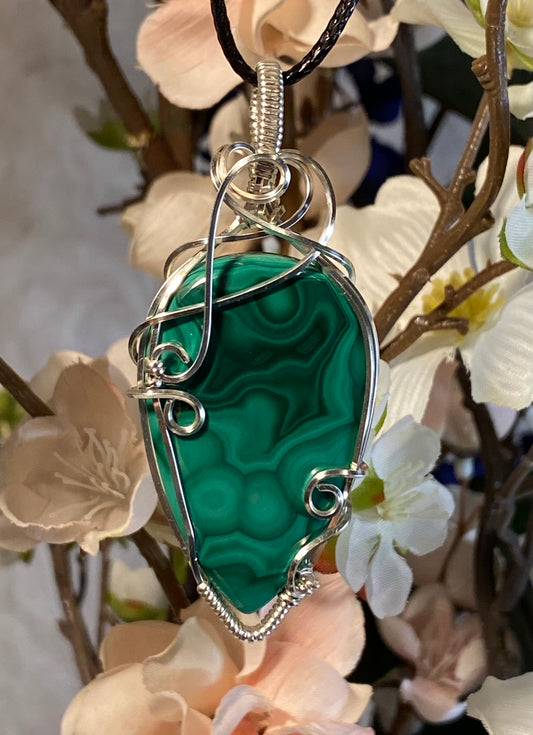 Natural Malachite Pendant in Silver Tone Copper Wire