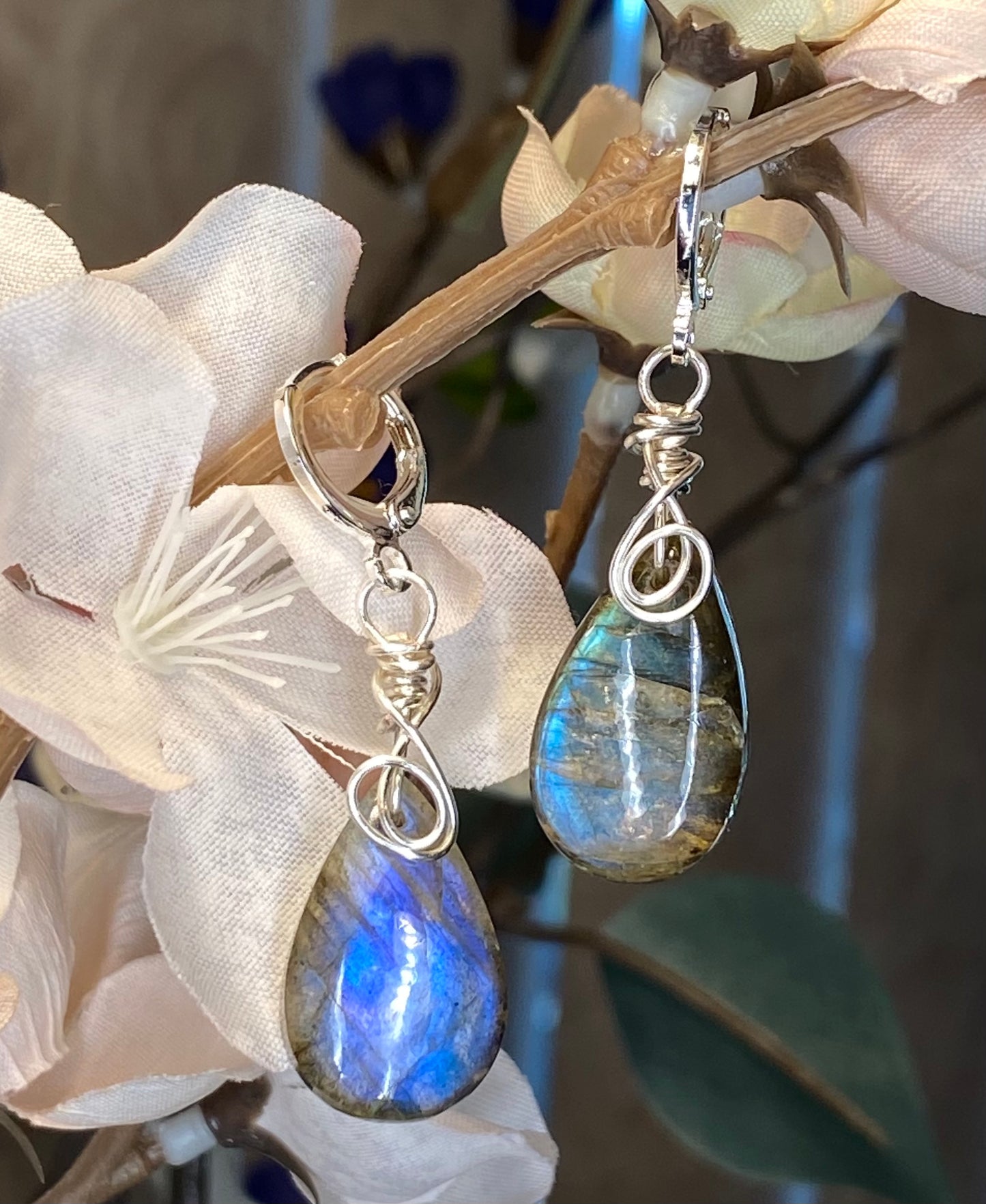 Labradorite Dangle Earrings-Silver Wires