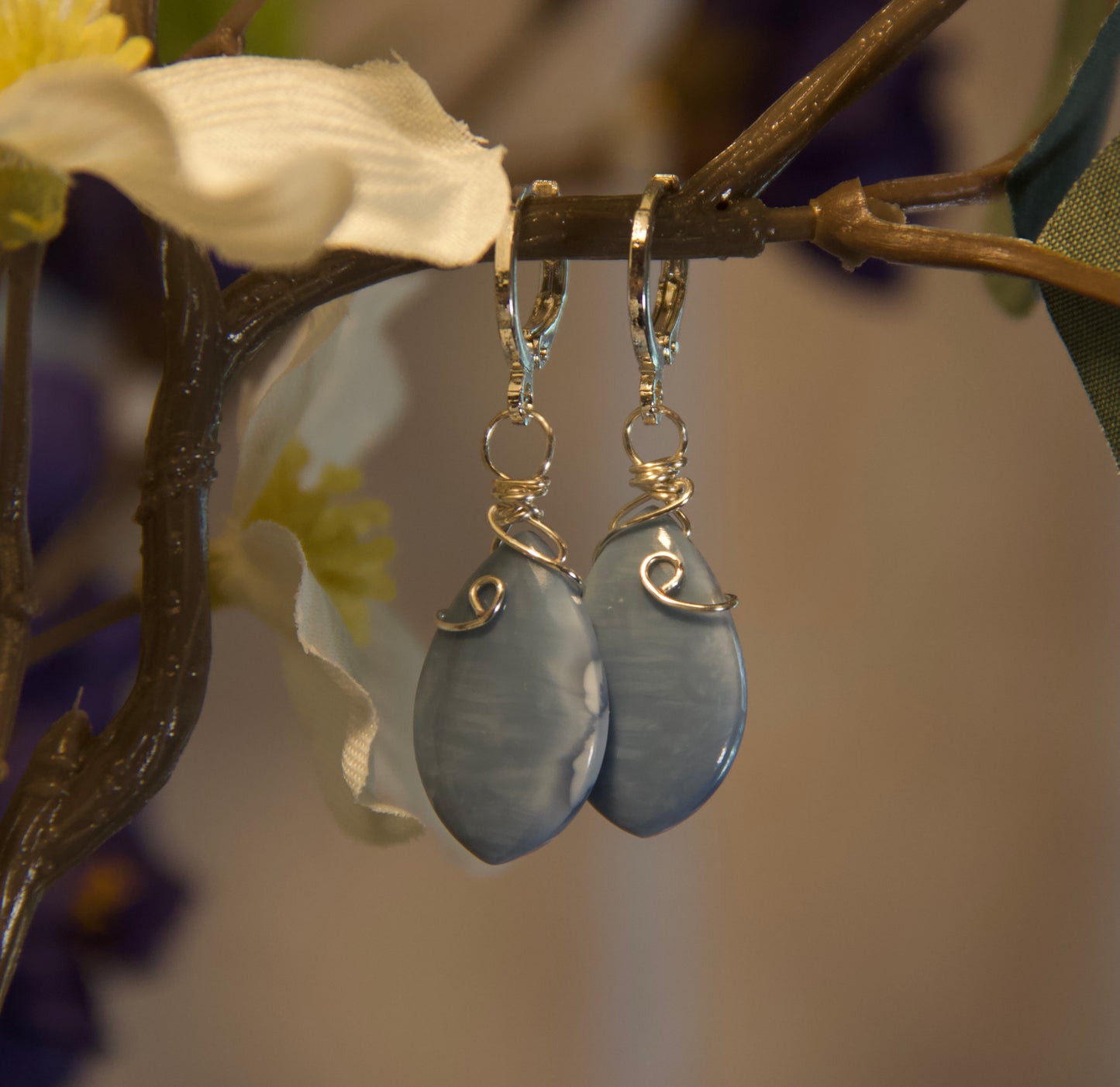 Blue Opal Dangle Earrings-Silver Tone Wire