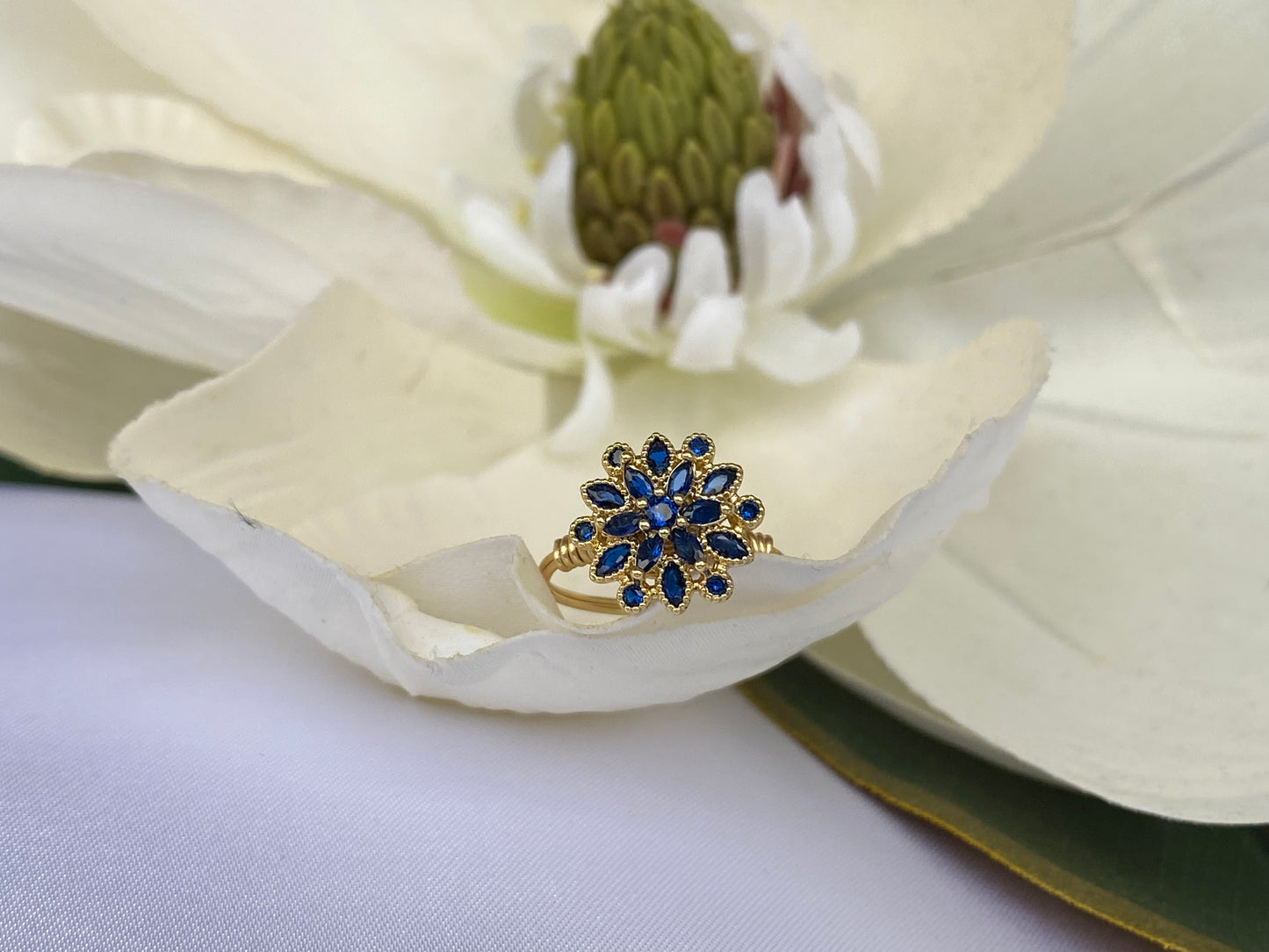 Blue Crystal Flower Button Ring- Gold wire-Size 6.25