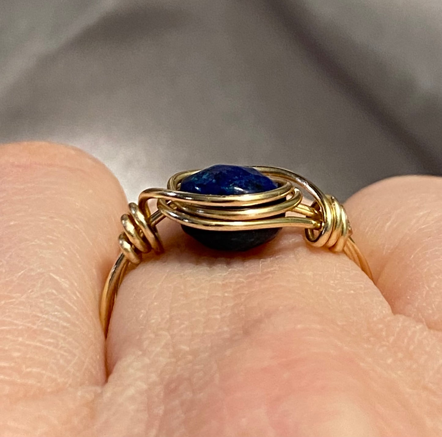 Lapis Ring with Yellow Gold Tone Bezel Wrap-Size 6