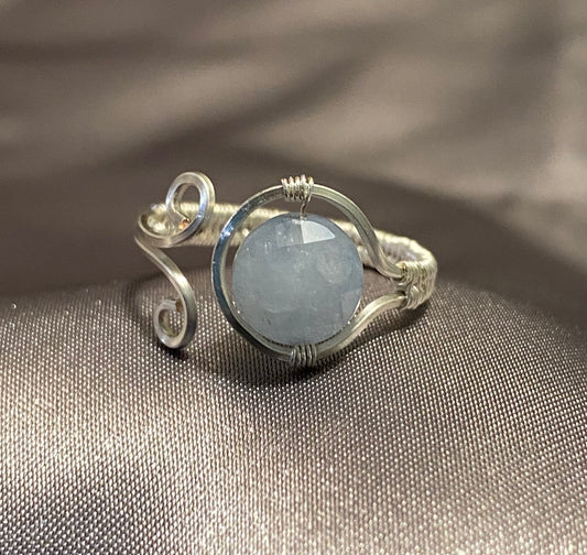 Blue Chalcedony Ring with Woven Silver Band-Adjustable Size7+