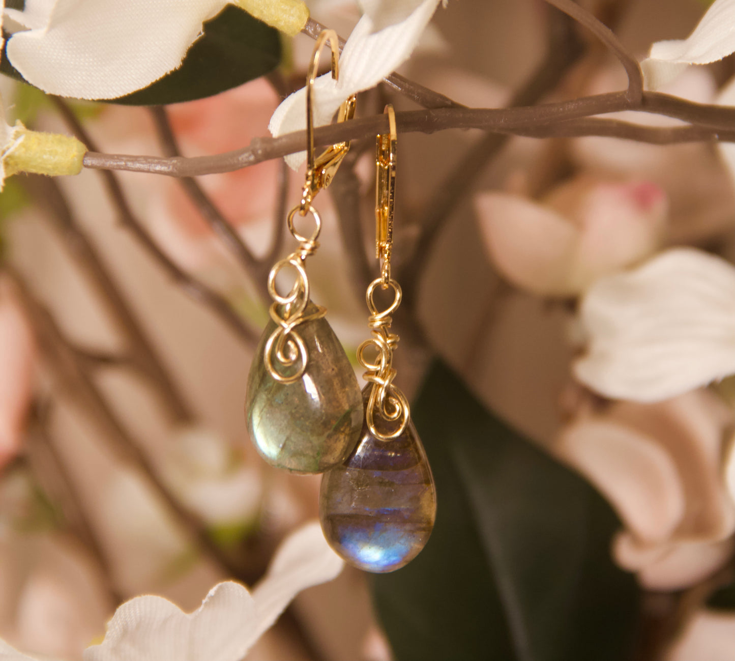 Labradorite Earrings--Yellow Gold Wire