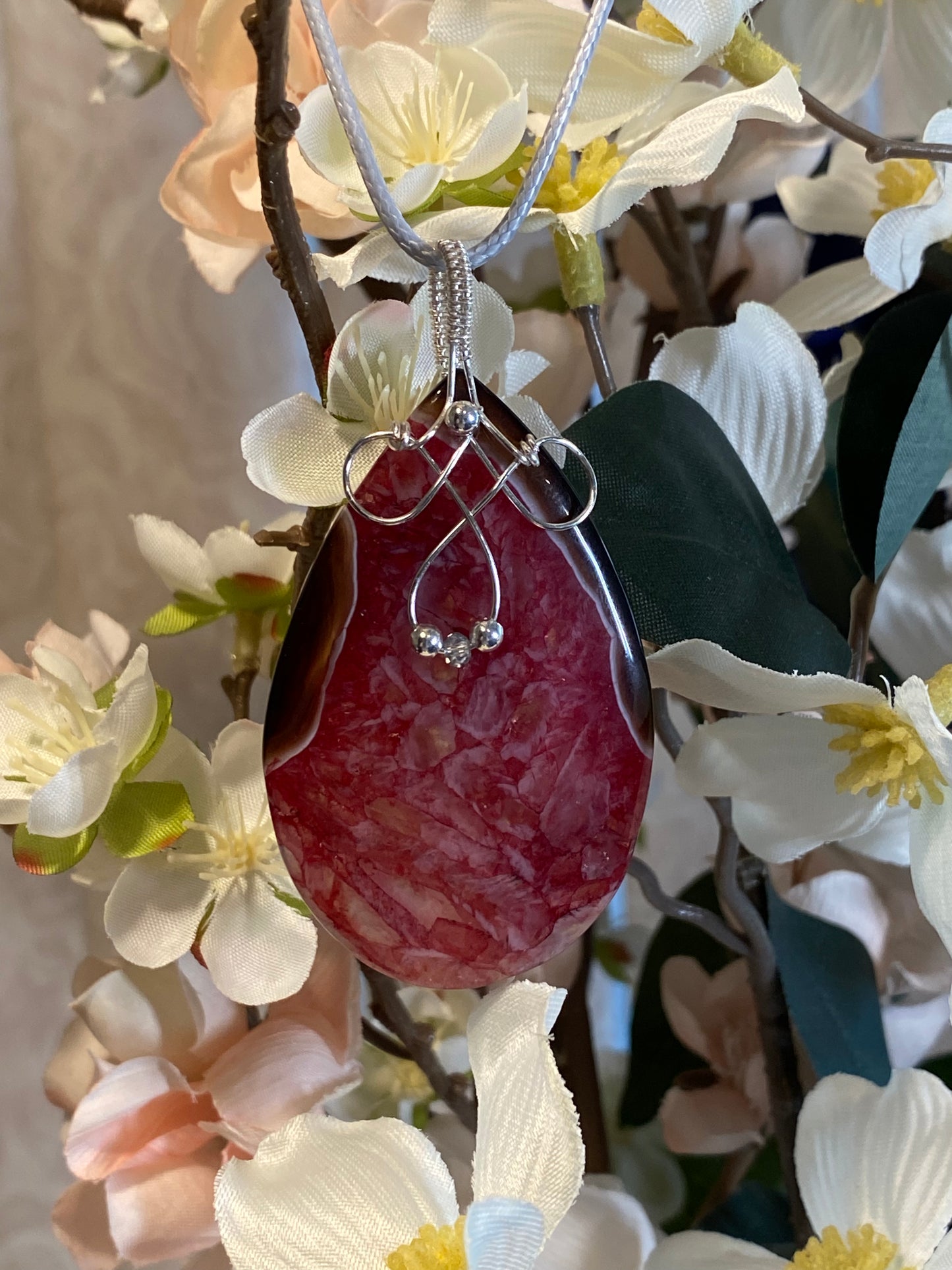 Dyed Red Agate Pendant-Silver Wire with Woven Bail