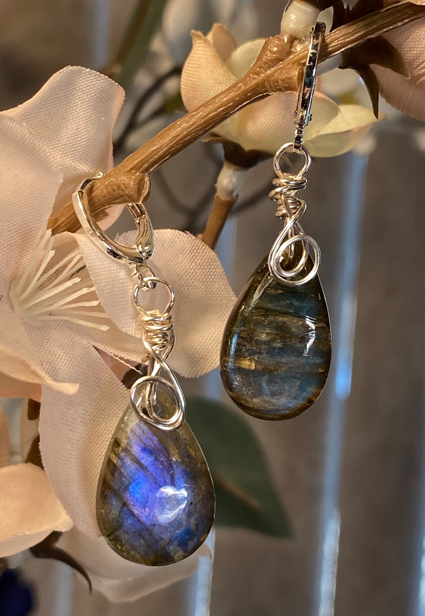 Labradorite Dangle Earrings-Silver Wires