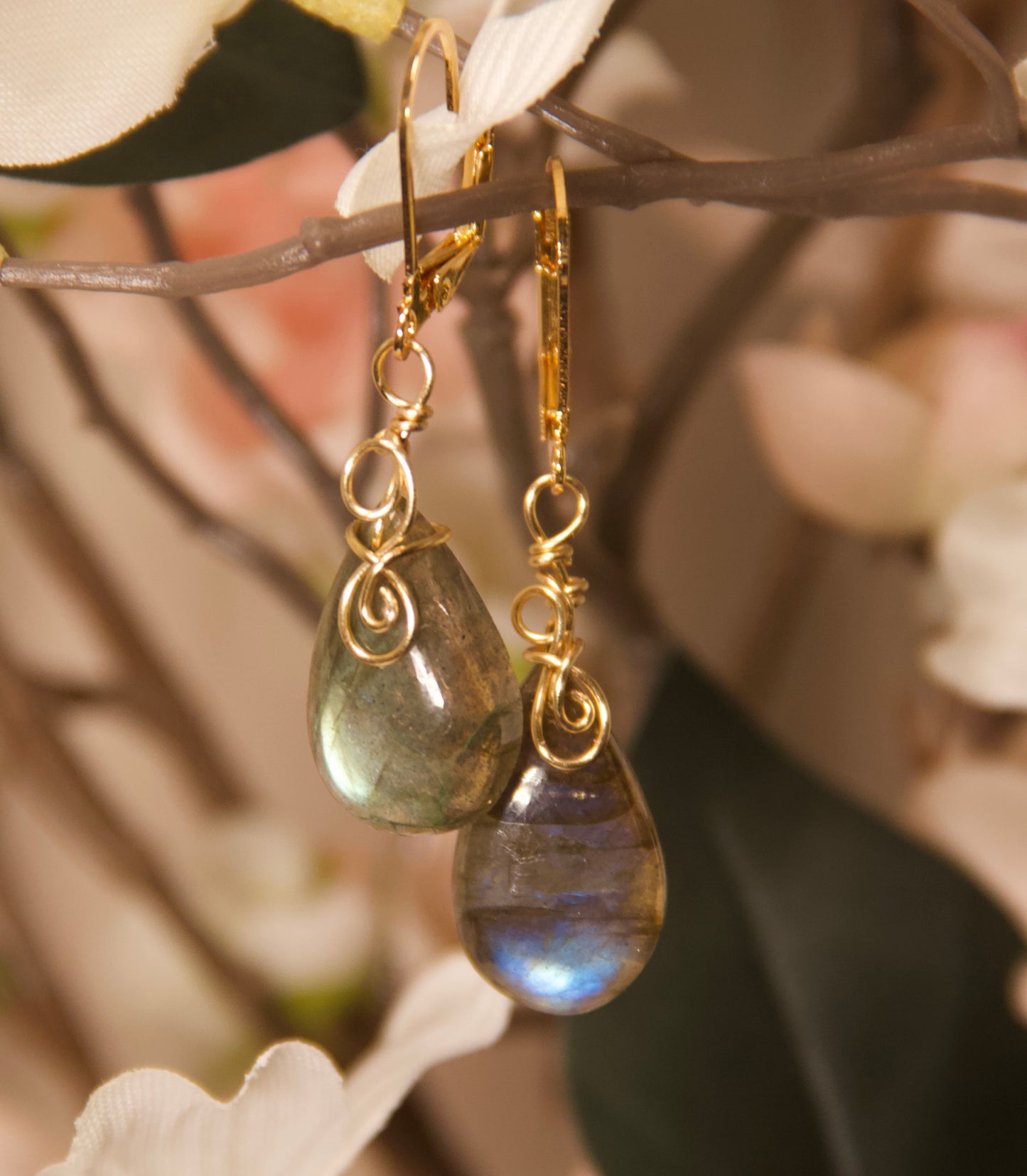 Labradorite Earrings--Yellow Gold Wire