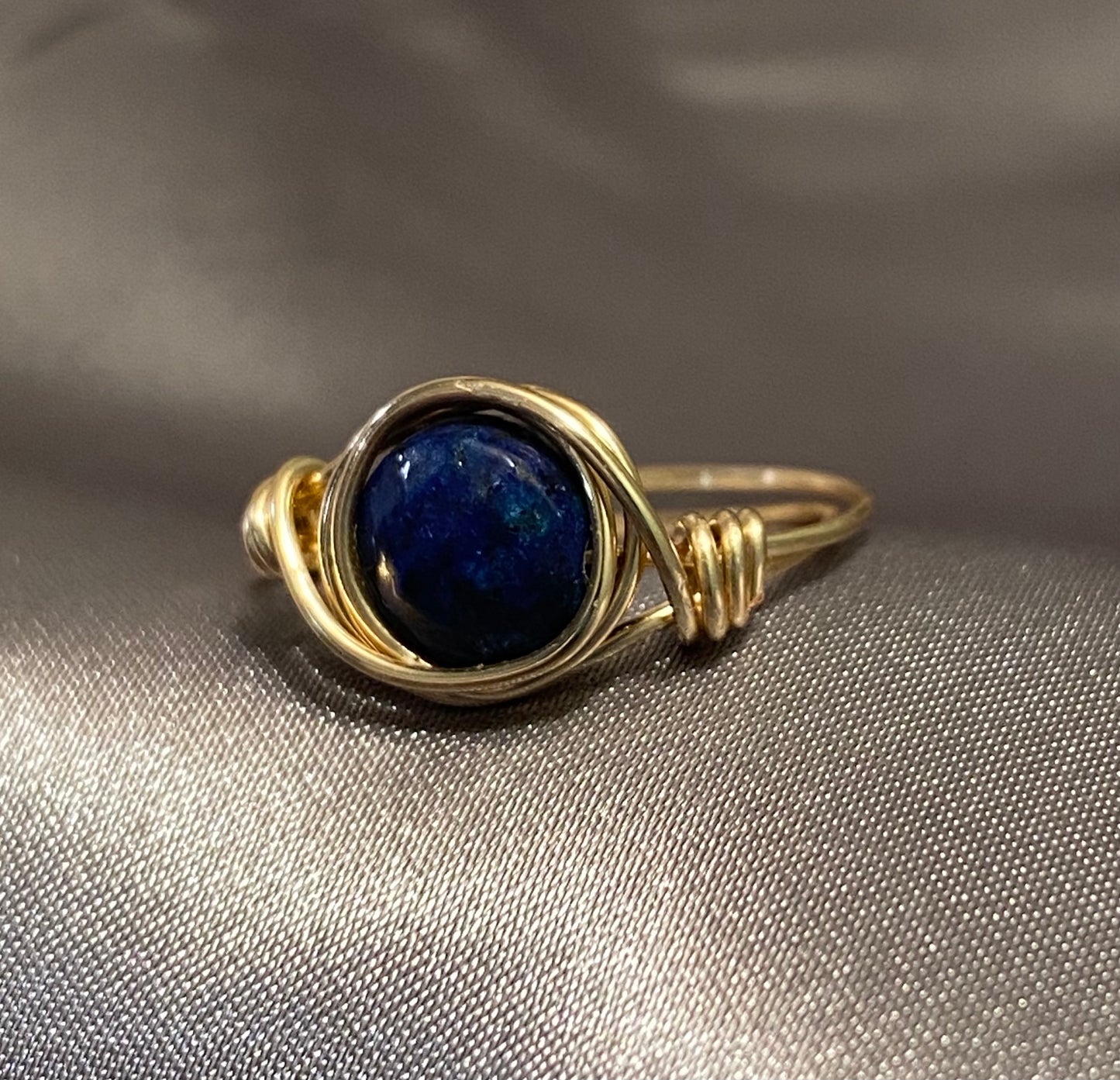 Lapis Ring with Yellow Gold Tone Bezel Wrap-Size 6