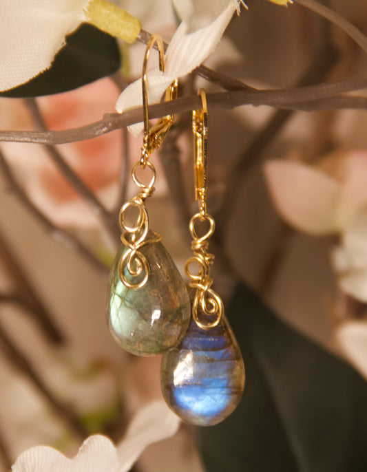 Labradorite Earrings--Yellow Gold Wire