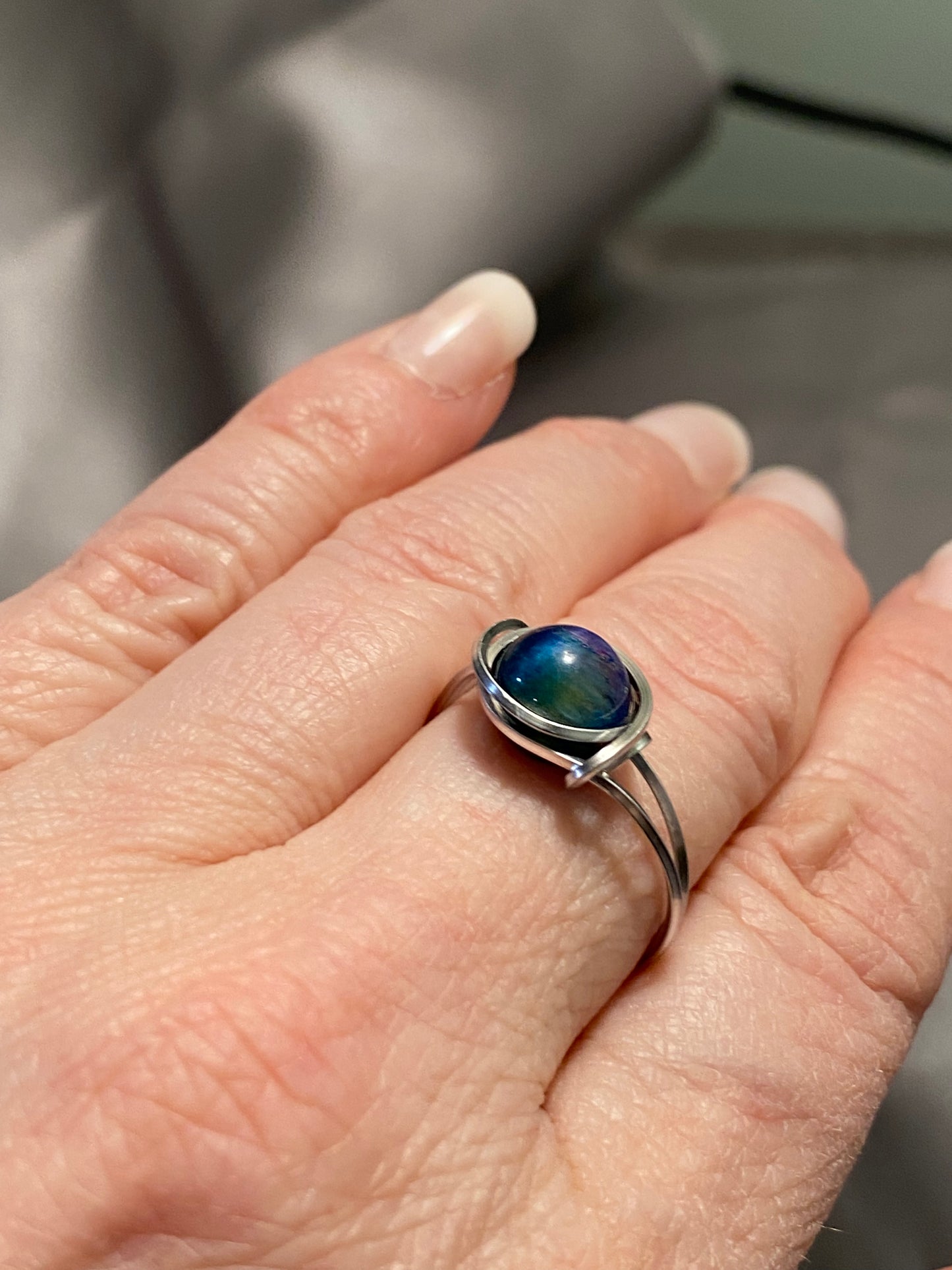 Aurora Cat's Eye Ring with Silver Square Wire-Size 6