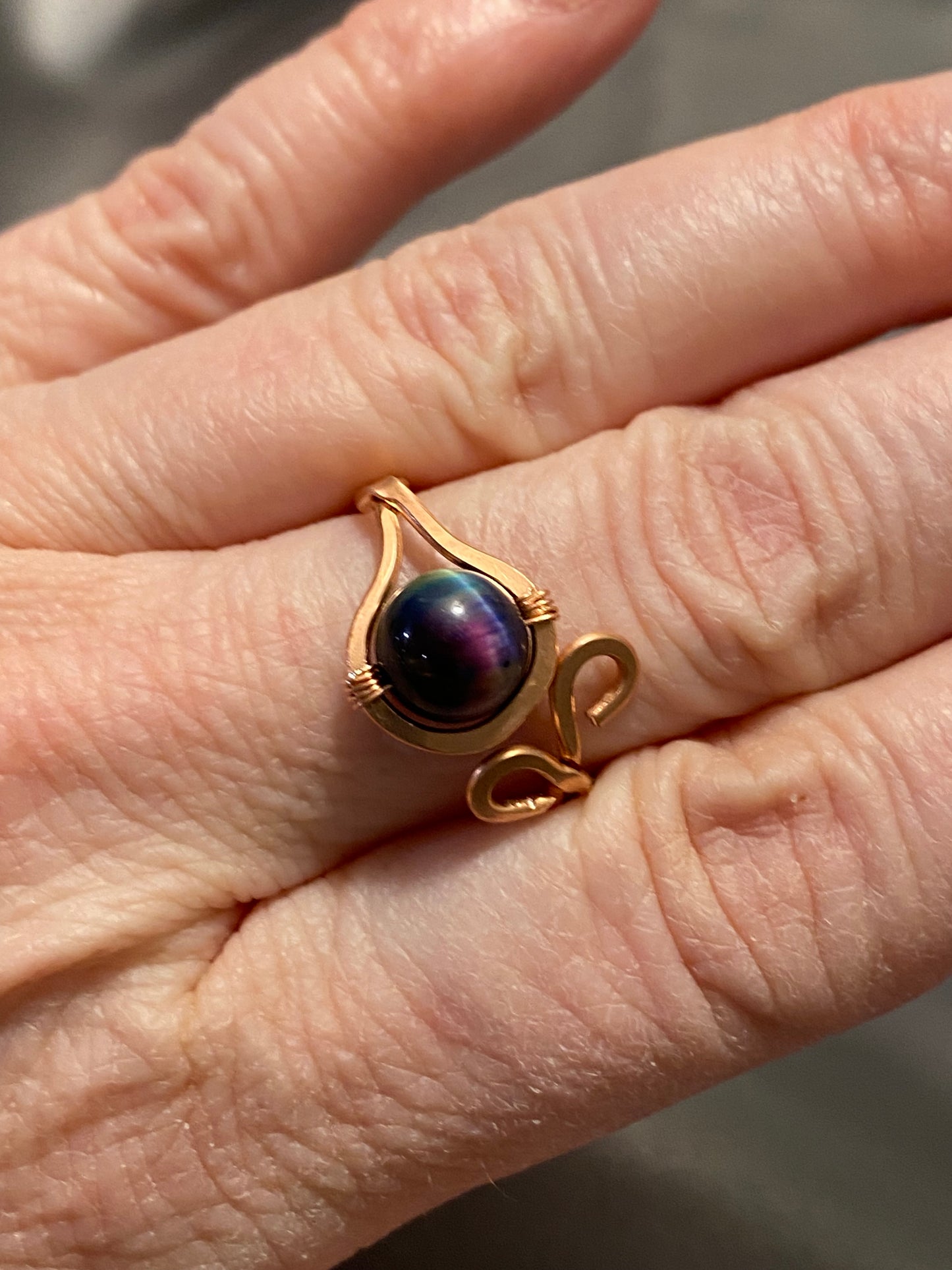 Bare Copper Adjustable Ring Size 6+ with Aurora Cats Eye Bead