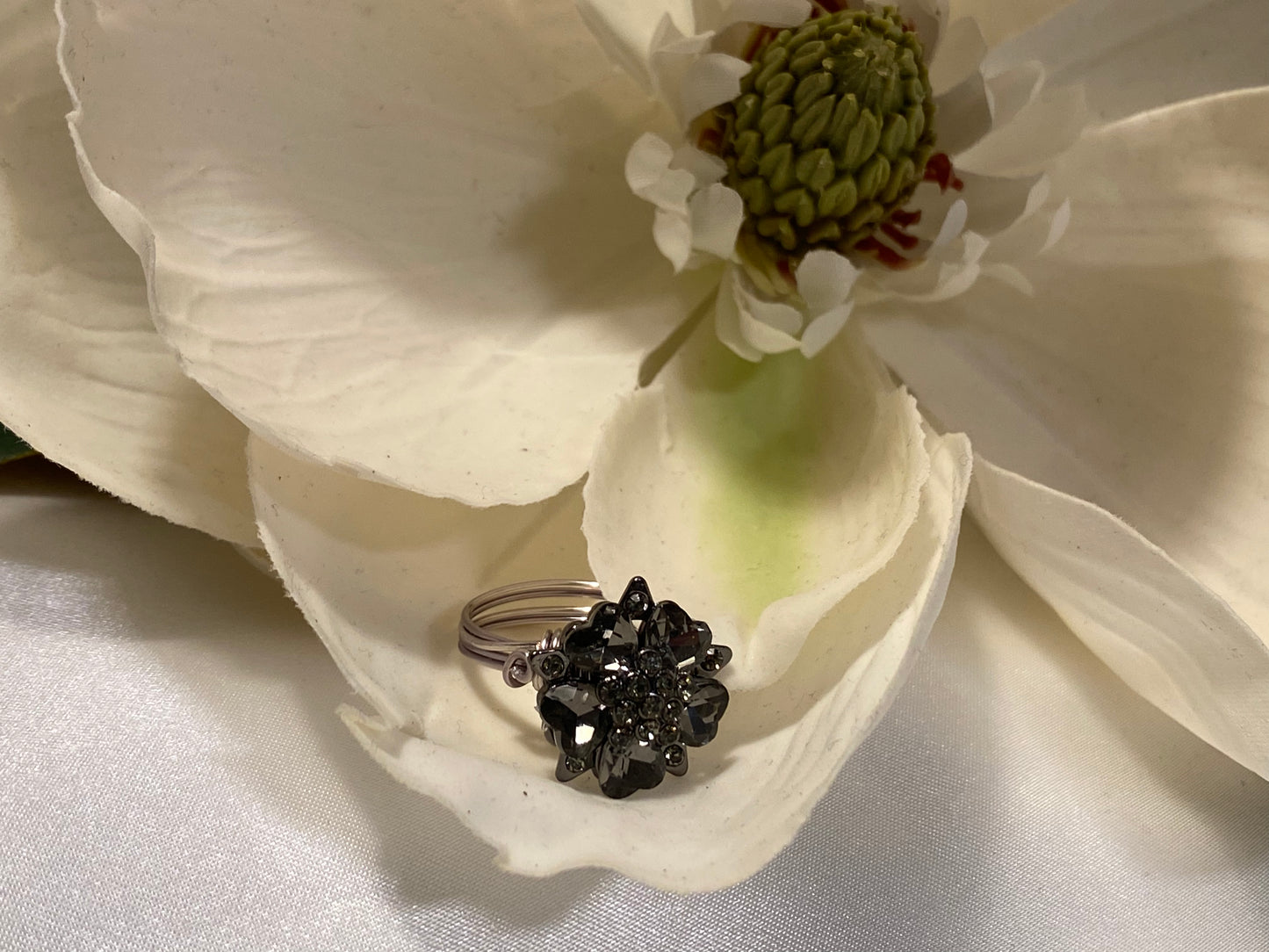 Black Crystal Button Ring-Size 7.5