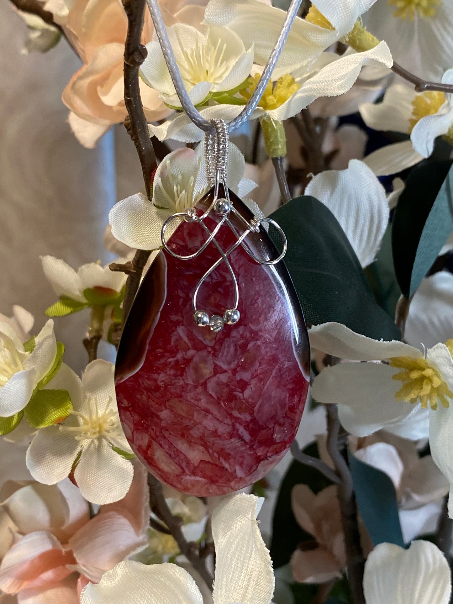 Dyed Red Agate Pendant-Silver Wire with Woven Bail