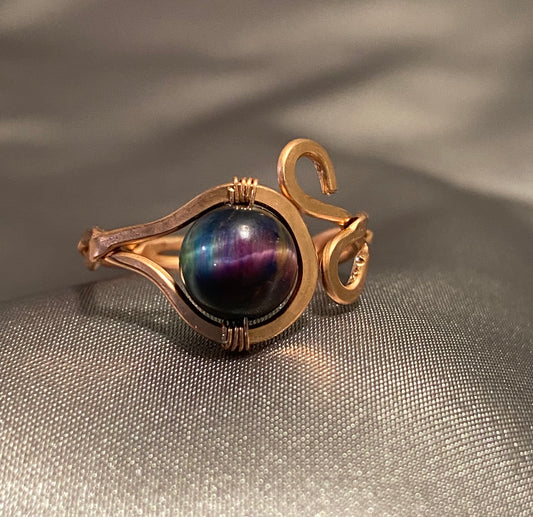 Bare Copper Adjustable Ring Size 6+ with Aurora Cats Eye Bead