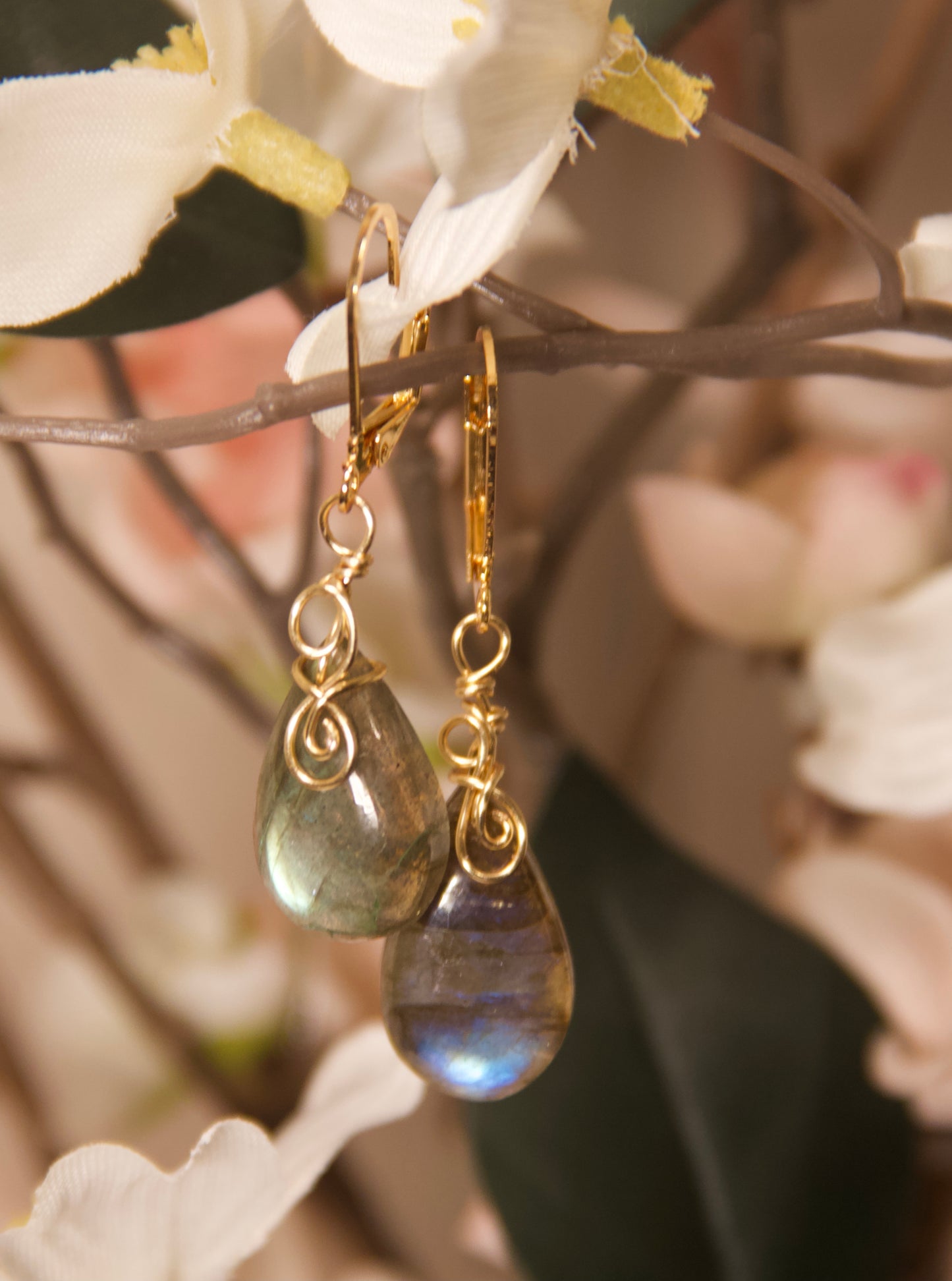 Labradorite Earrings--Yellow Gold Wire