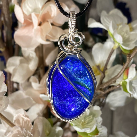 Blue Shimmer Dichroic Glass Pendant-Silver