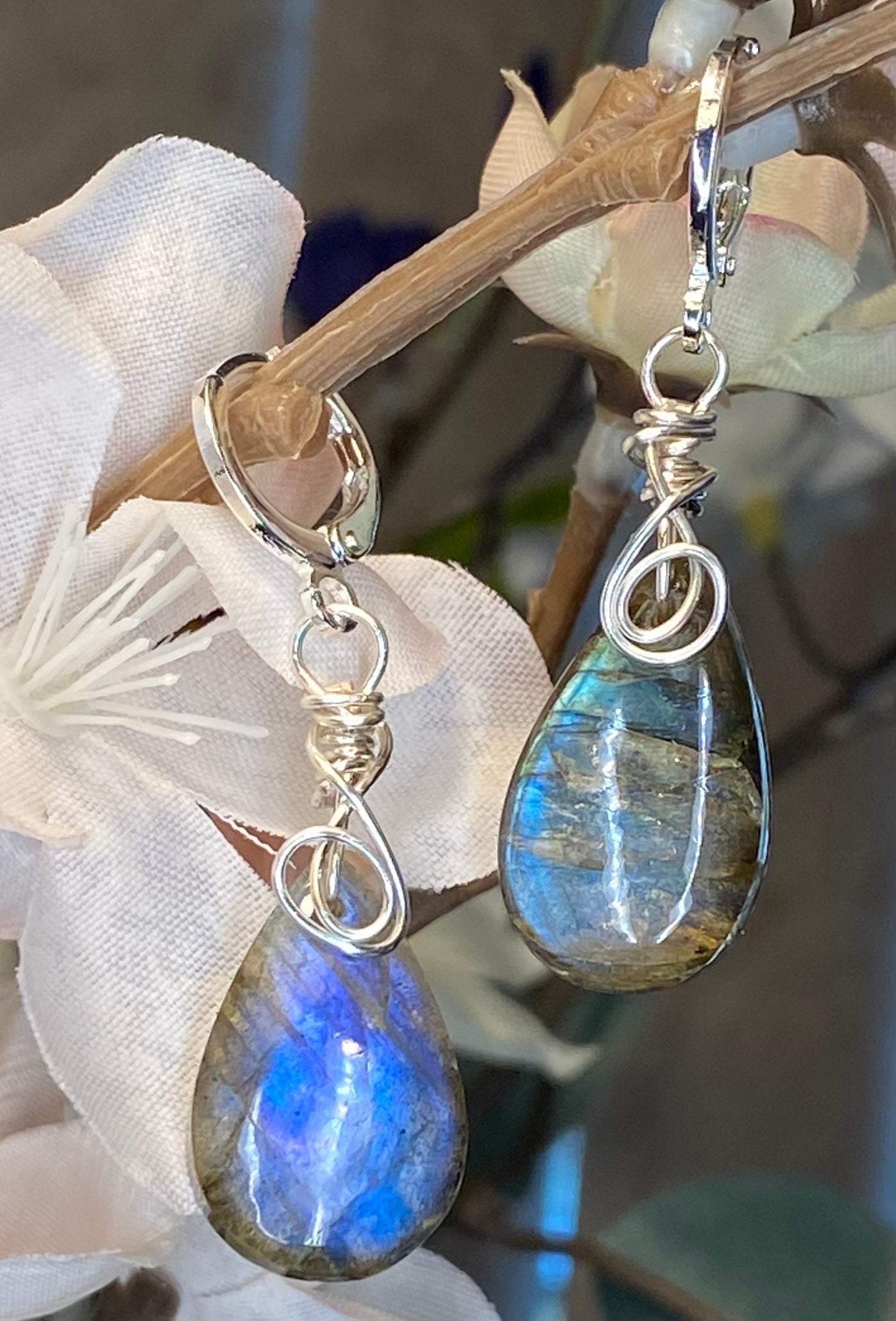 Labradorite Dangle Earrings-Silver Wires