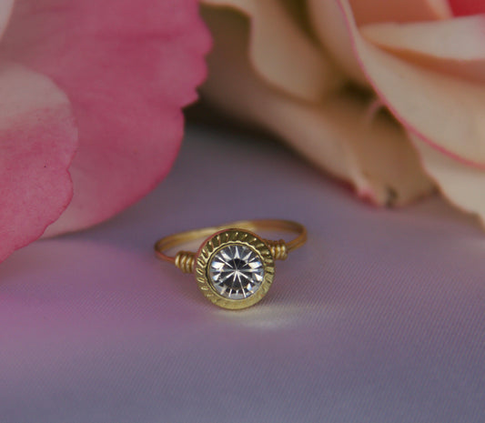 Crystal in Gold Tone Button Ring-Size 5.5