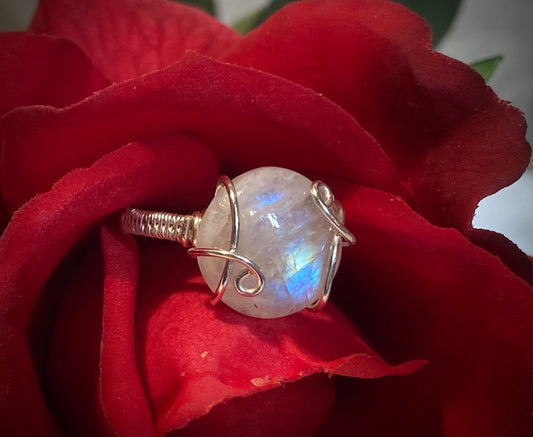 Natural Rainbow Moonstone Ring-Size 9.5