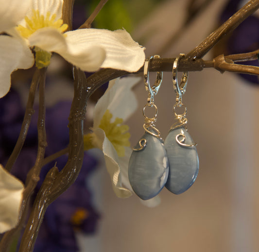 Blue Opal Dangle Earrings-Silver Tone Wire