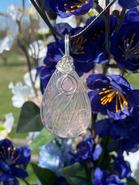 Carved Rose Quartz Pendant-Silver